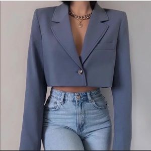 Zara Blue Grey Topstitched Cropped Blazer